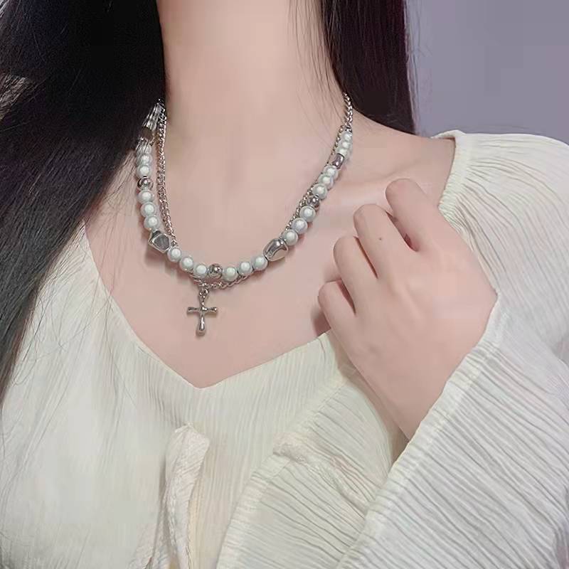 Niche Design Sense Reflective Beaded Cross Splicing Necklace Ins Wind Double-layer Necklace Personality Cool Collarbone Chain
