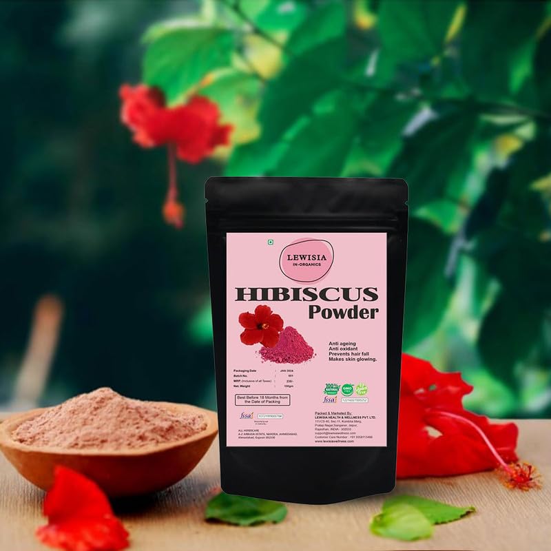 Lewisia In Organics Hibiscus Flower Powder for Face Pack & Hair Mask (100 gm) | Pure Hibiscus Rosa-Sinensis Hair & Skin Care | Gudhal Ka Phool Pow