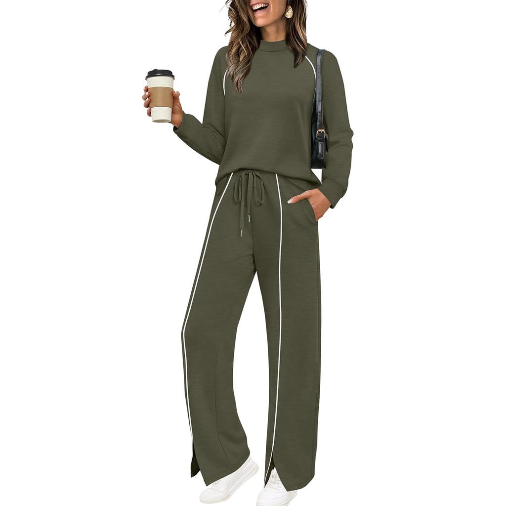 Women's Fashionable Solid Color Round Neck Long Sleeved Pullover Sweatshirt With Elastic Waistband And Split Hem Casual Sweatpants Two-piece Set