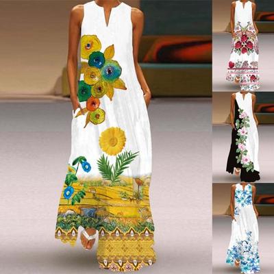 Bayan Elbise Çiçek Baskılı Rahat Giyilebilir Yaz V Yaka Kolsuz Cepli Maksi Elbise Ev İçin