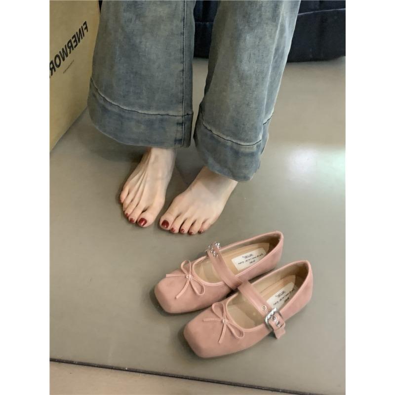 Square Head Women's Shoes Autumn New Flat Bow Single Shoes Ballet Silver Belt Buckle Mary Jane Shoes