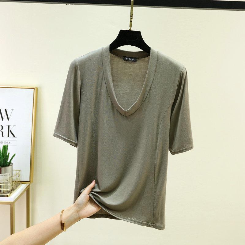 

M to 6XL Plus size Summer Modal Deep V neck Tshirts Half sleeve Thin stretchy T-shirt Casual Layering Tee Tops comfort Tees 6XL
