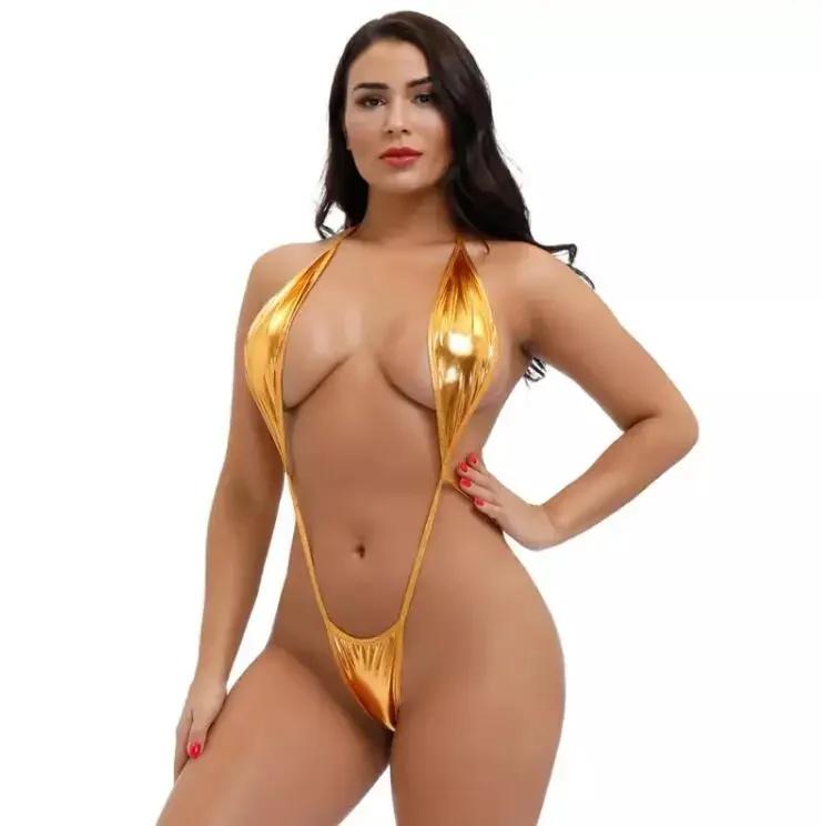 Sexy Latex Catsuit Einteiler Drei-Punkt Bikini Sexy Badeanzug Set Verführerisches Pole Dance Porno Kostüm Sexy Frauen Offen