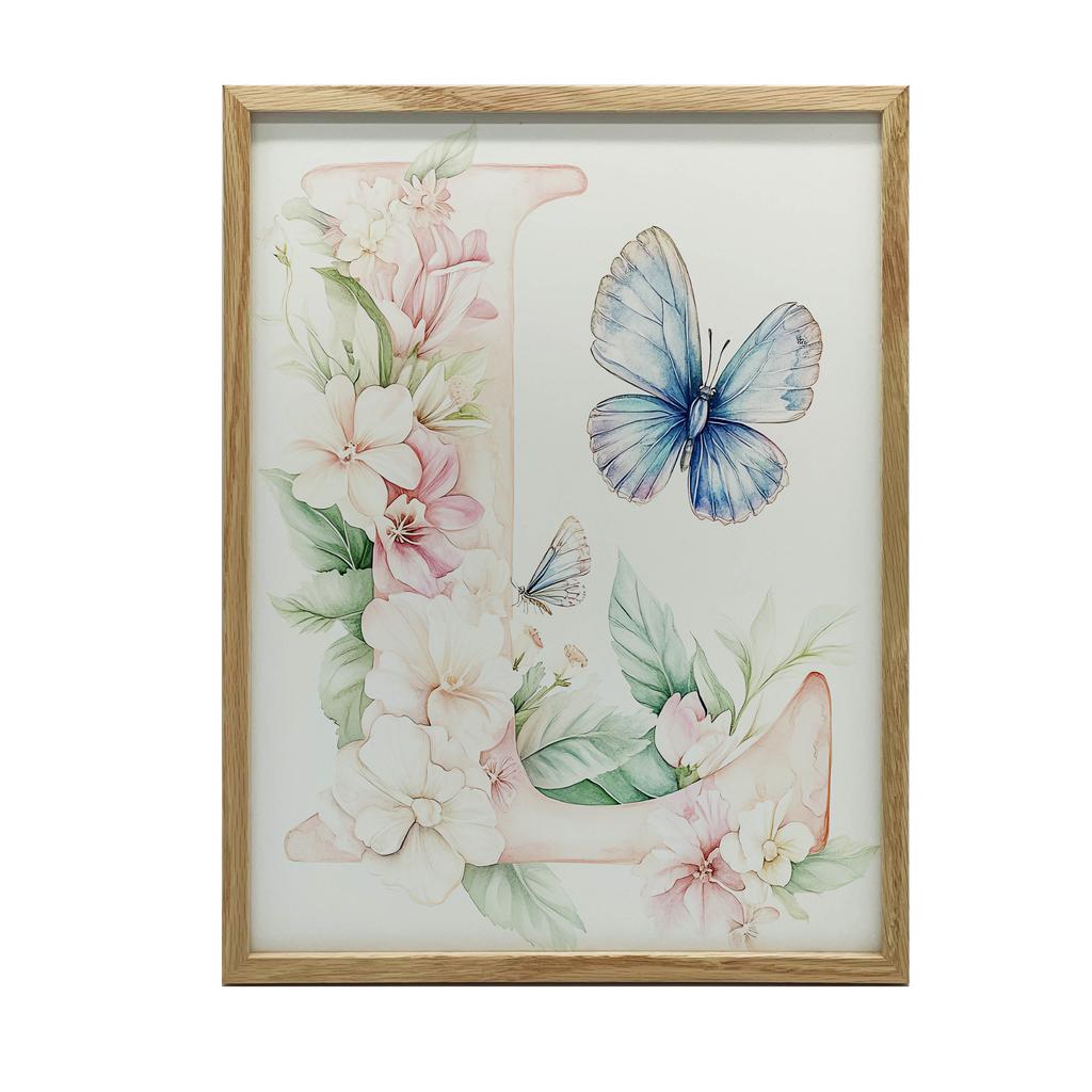 Plakat Literowy "L" Z Kwiatami I Motylem Plakat Literowy "L" Z Kwiatami I Motylem, 70X100 Cm, Rama Drewniana Jasny Dąb, Papier Matowy 230 Gsm
