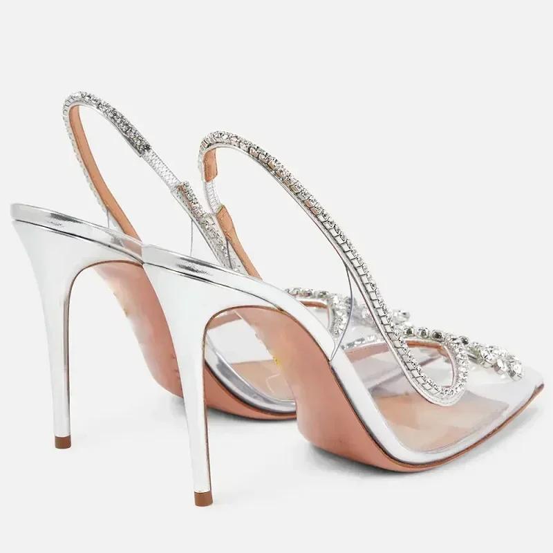 Fashion PVC Transparent Silver Clear Rhinestone High Heels Women Pumps Fashion Sling Backs Thin Heels Party Bridal Wedding Sandals Shoes