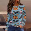 Women's Halloween Print Long Sleeve Top with Round Neck and Hem Slit