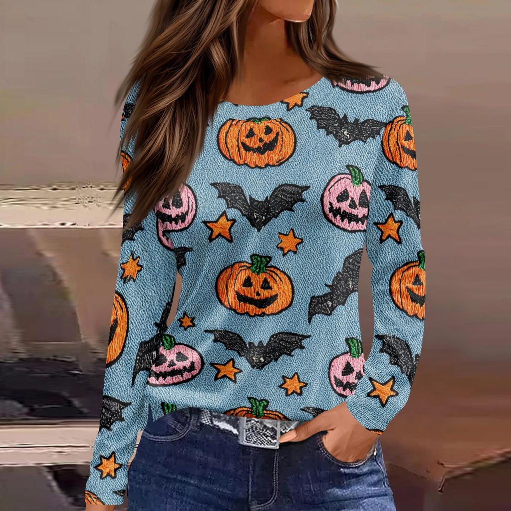 Women's Halloween Print Long Sleeve Top with Round Neck and Hem Slit