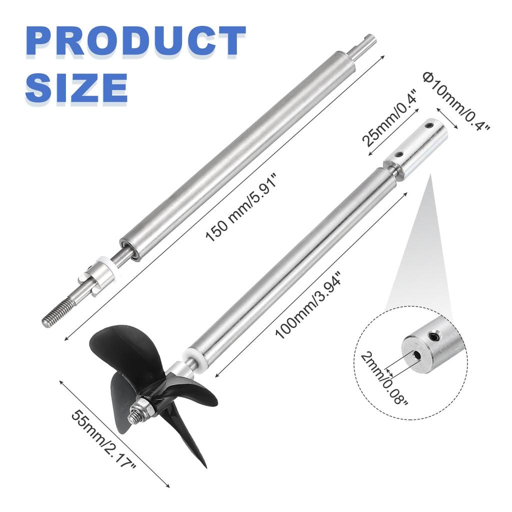 Uxcell RC Boat Drive Shaft W Propeller and Coupling Joint Assembly Kit, L150mm Shaft, L100mm Sleeve, D55mm Four Propeller, Fits 2mm Motor Shaft