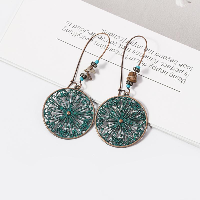 European and American bohemian style hollow pattern round brand earrings, retro bronze turquoise beaded women's earrings