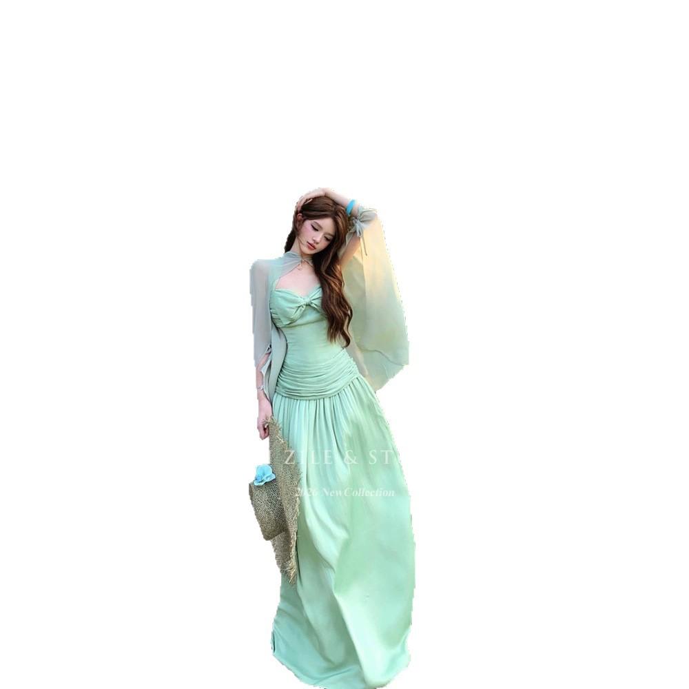 Seaside vacation dress backless waist thin dress streamer green shawl with white temperament suspender dress