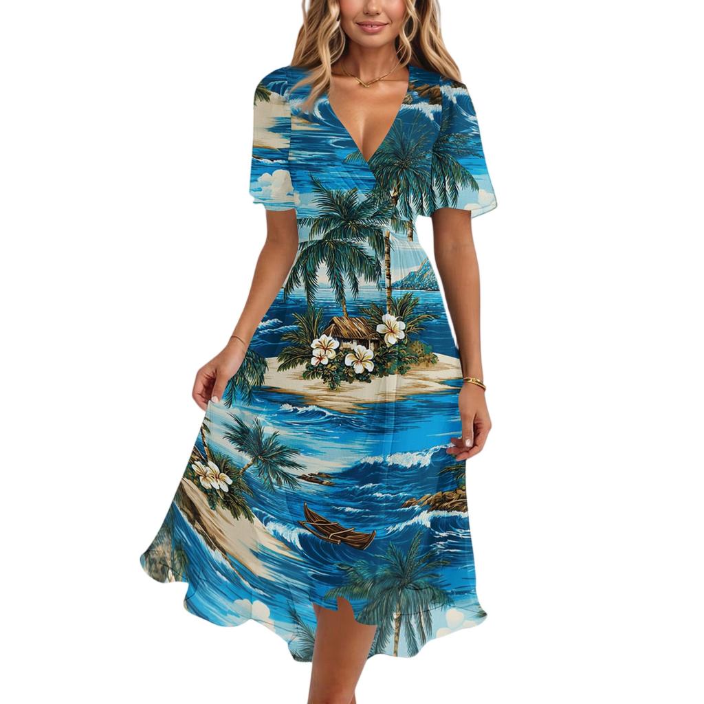 Women V Neck Short Sleeve Casual Dress Retro Floral Print Midi Dress Lightweight Summer Dress with Flared Skirt
