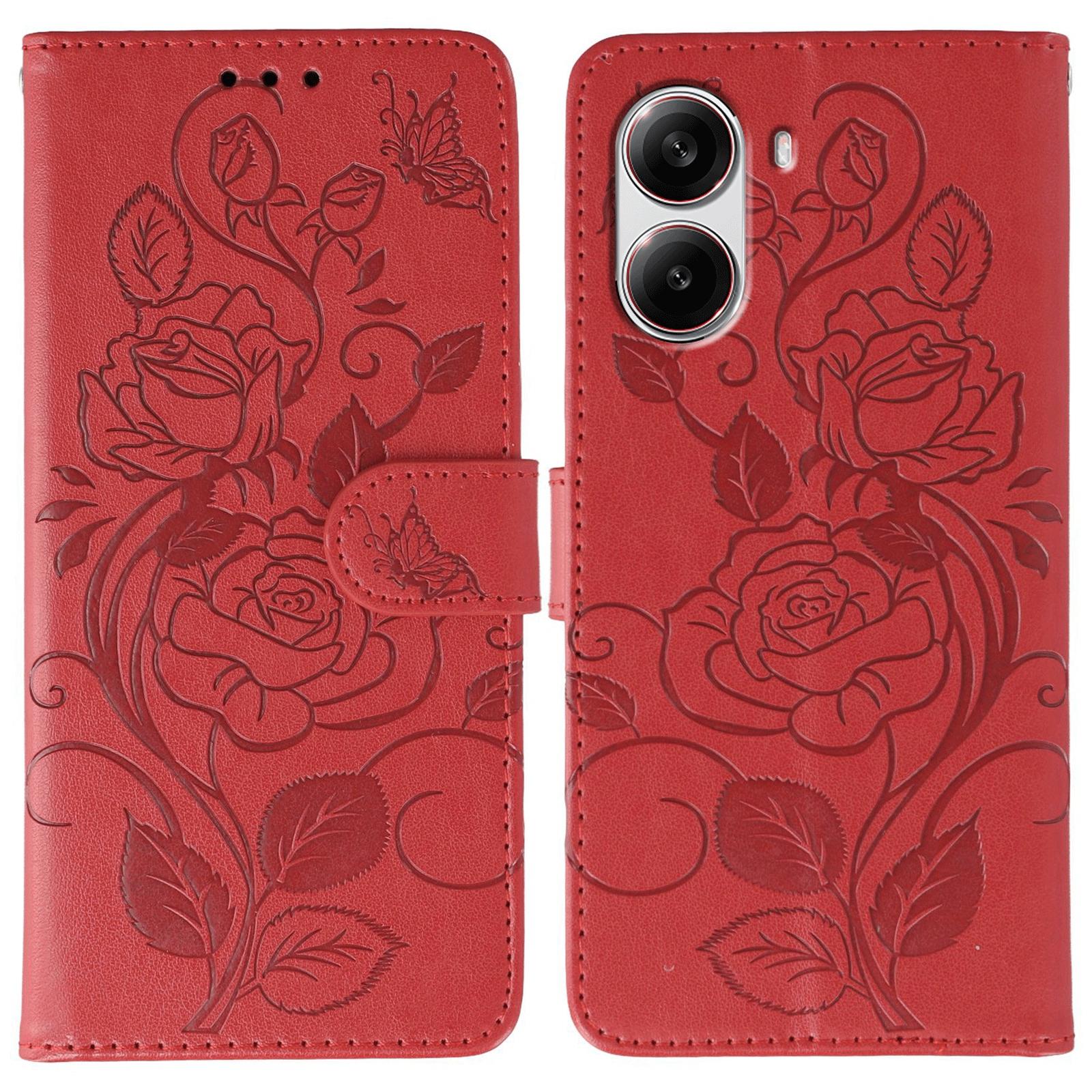 

For Xiaomi Poco X7 Pro 5G Case Wallet Stand Imprinted Rose Butterfly PU Leather Phone Cover Red