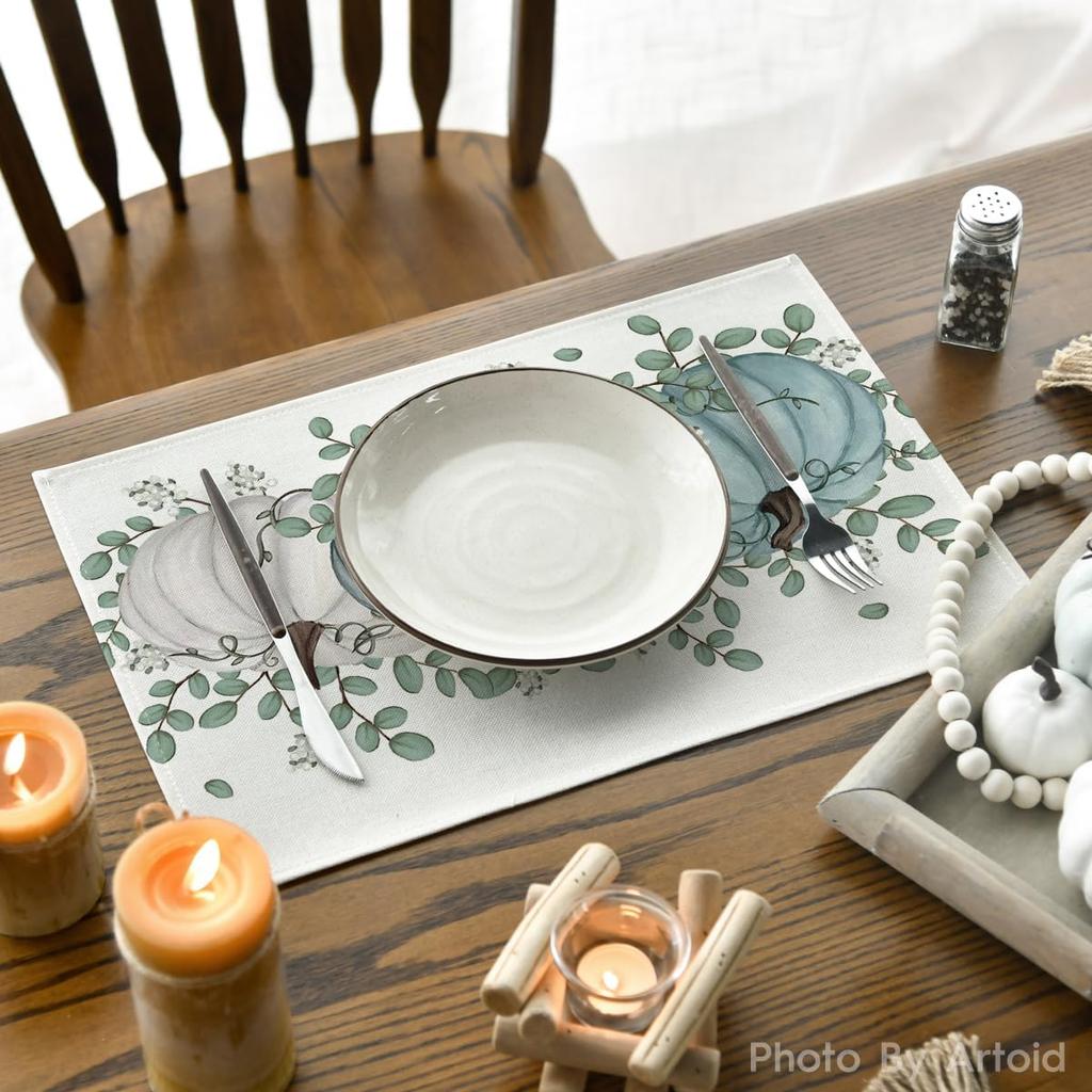 Pumpkins Eucalyptus Leaves Fall Placemats Set of 4, 12x18 Inch Autumn Thanksgiving Holiday Table Mats for Party Kitchen Dining Decoration