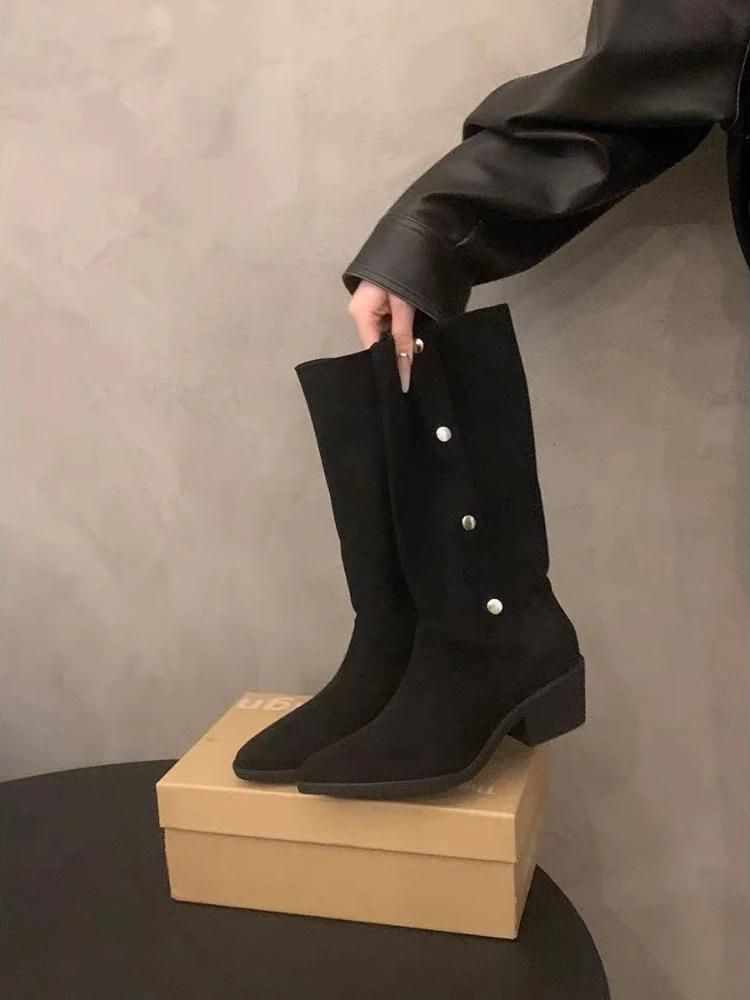 Pointed Toe Ladies Mid Calf Shoes Khaki Studded Middle Heel Women's Half High Boots New in Goth on Offer 2024 Waterproof Sale Pu