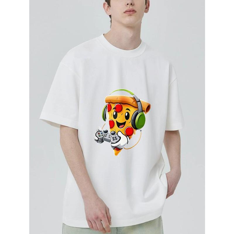 Casual T Shirt Black Pizza Gamer With Headphones And Controller Graphic For Gaming And Everyday Wear