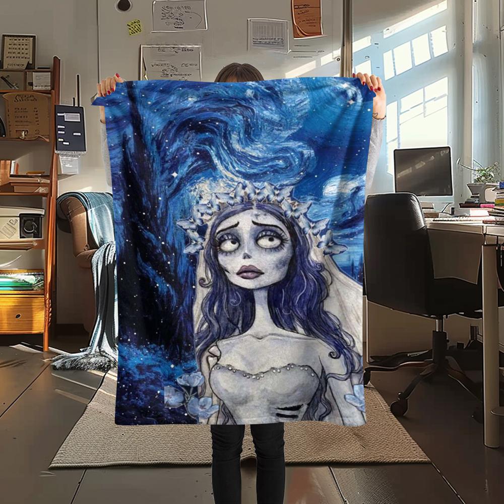 1Pc Corpse Bride Cartoon Print Flannel Blanket, High Quality Comfortable for All Seasons, Home Decor, Warmth and Comfort, Perfect for Gifts