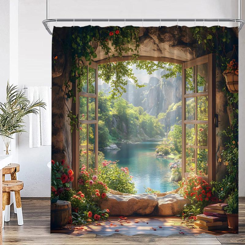 Rustic Landscape Shower Curtains Forest Lake Flowers Vintage Wooden Door Garden Scenery Fabric Home Bathroom Curtain Decor Set