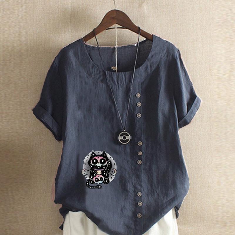 Women's Fashion Round Neck Short Sleeve T-shirt Casual Cotton Linen Graphic Shirt Cartoon Characters Prined Summer Blouse Tops Plus Size