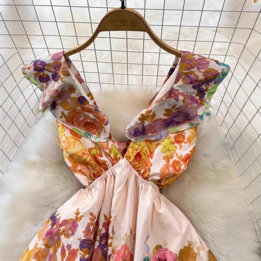 Fashion celebrity temperament flying sleeves V-neck waist thin medium and long A-word printed dress seaside vacation dress