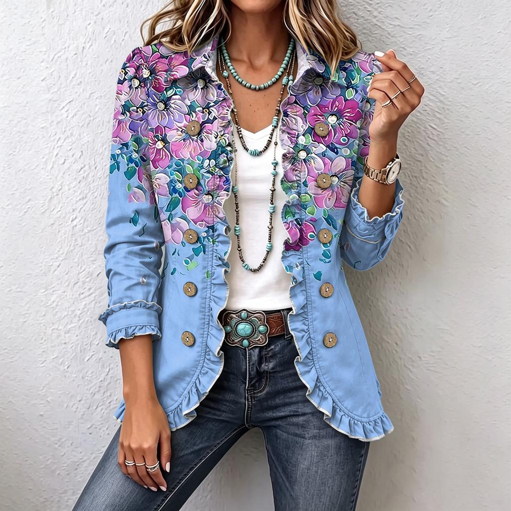Women's Floral Print Long Sleeve Ruffle Trim Cardigan Top for Casual Everyday Wear