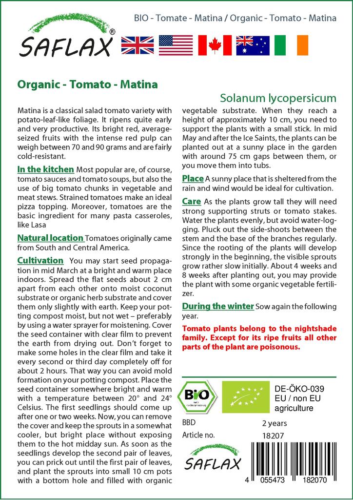 SAFLAX Organic - Tomato - Matina - 10 Seeds - With Potting Substrate for Better Cultivation - Solanum Lycopersicum