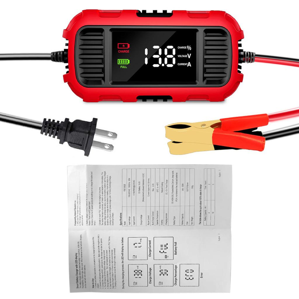 Automatic Trickle Battery Charger, 12V 2A Intelligent Battery Charger with LED Display Screen for Motorcycle AGM GEL