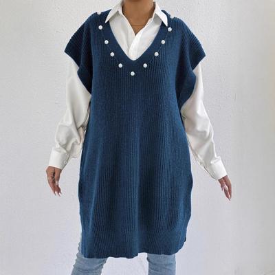 College-style Casual Vest Dress, V-neck Beaded Dress, Loose Large-sized Sweater Dress