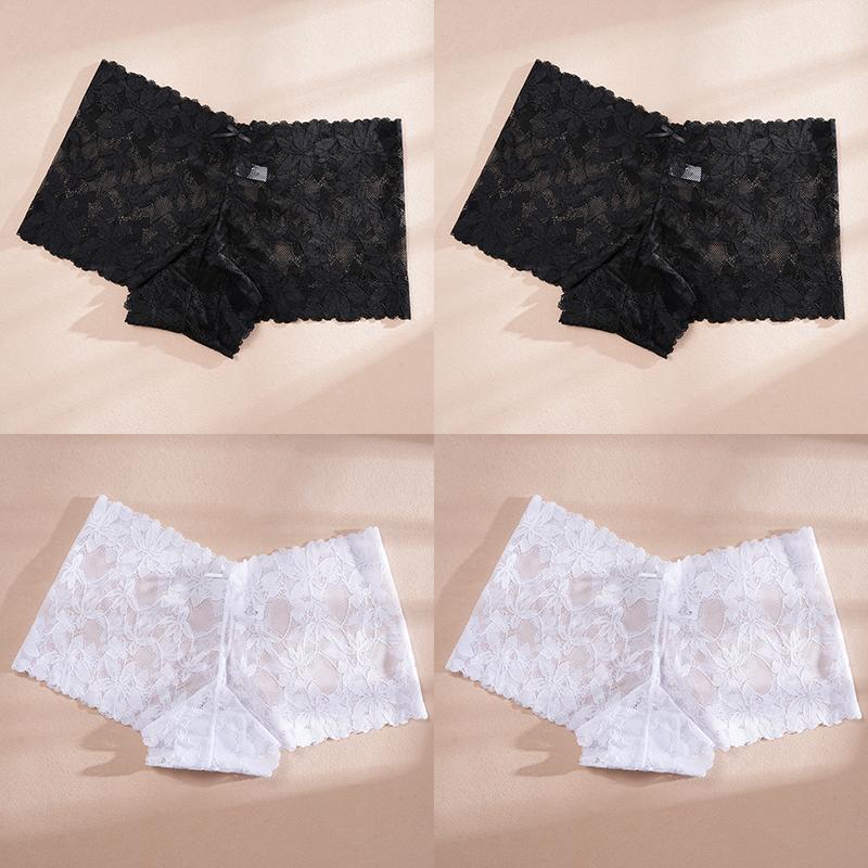 

4PCS Women Sexy Lace Panties Floral Leaves Transparent Uderwear V-Waist Boyshort for Female Soft Breathable Intimates Lingerie XXL