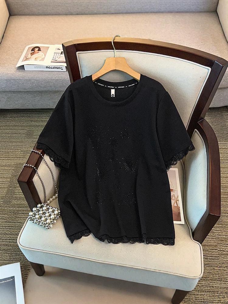2026 Plus Size Rhinestone Lace Trim Short Sleeve Women's Top - Loose, Casual & Comfortable