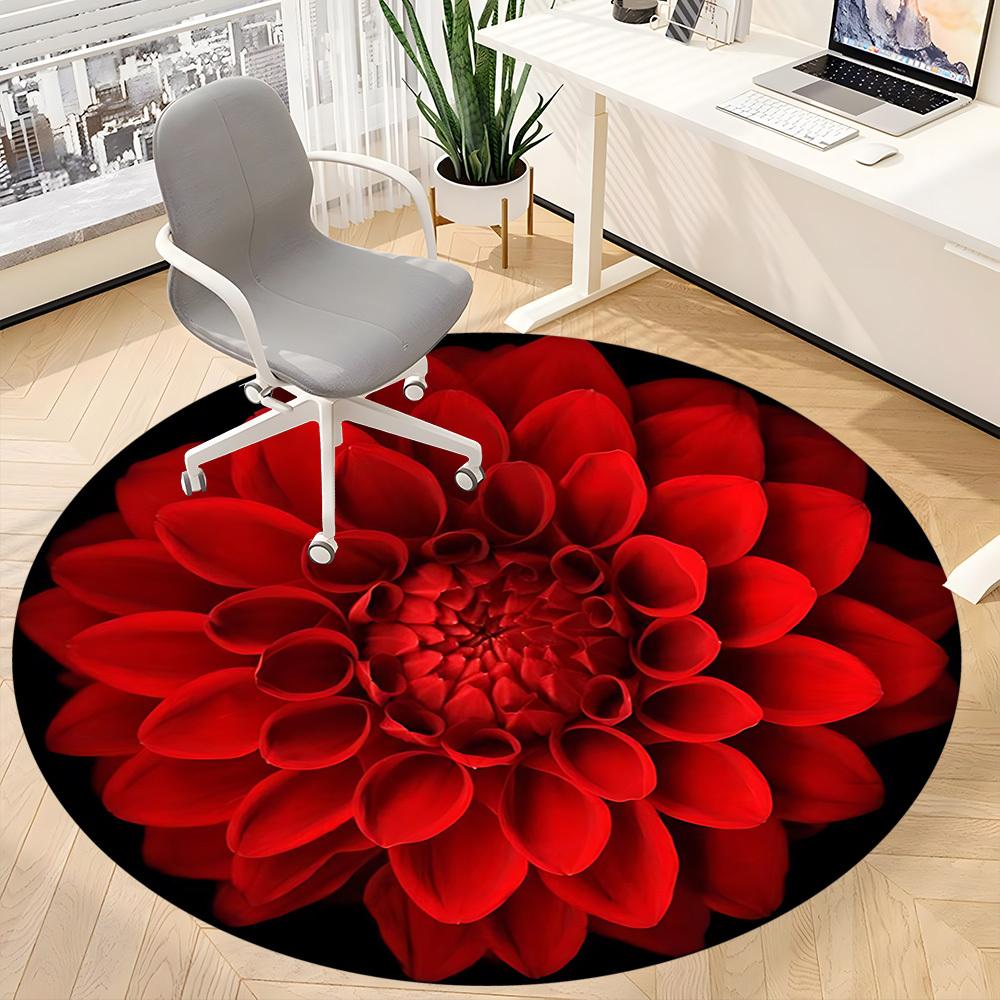 1pc Red Dahlia Flower Carpet, Round Non Slip Durable Large Size Office Carpet, Suitable for Office