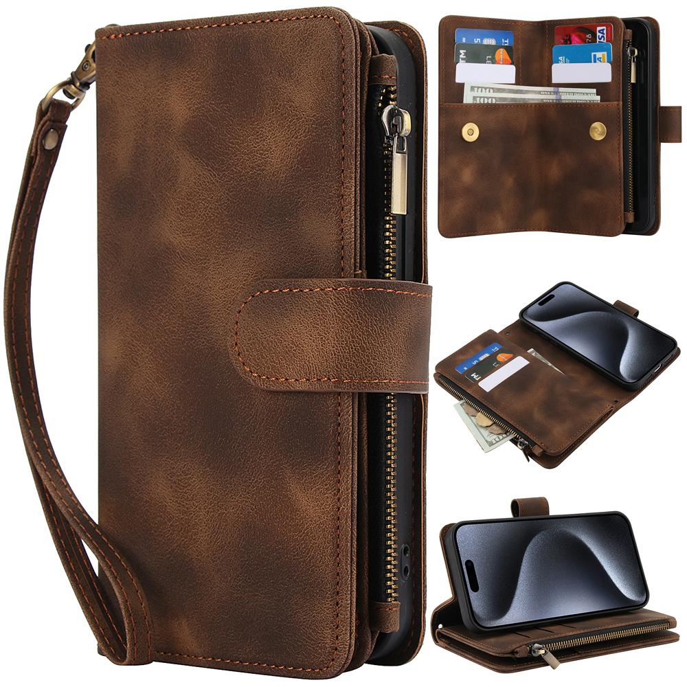 Peněženka 9 slotů na karty Flip Zipper Kožené pouzdro pro iPhone 16 15 Plus 14 13 12 11 Pro Max XR X Samsung S24 S23 S22 S21 Ultra Plus FE A15 A55 A14 A34 A54
