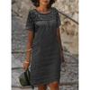 Women Lace Blouse Loose Dress Summer Female O-Neck Short Sleeve Lace  Cotton Linen Mini Party Dresses