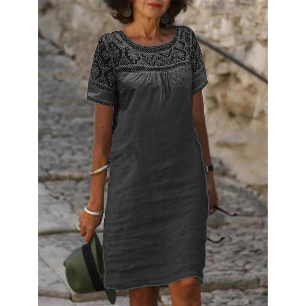 Women Lace Blouse Loose Dress Summer Female O-Neck Short Sleeve Lace  Cotton Linen Mini Party Dresses