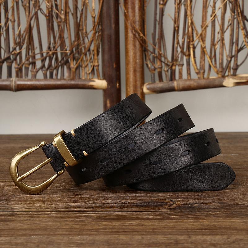 2024 Leather Belt Women'S Trend Versatile Personality Pleated Retro First Layer Cowhide Jeans Belt Women
