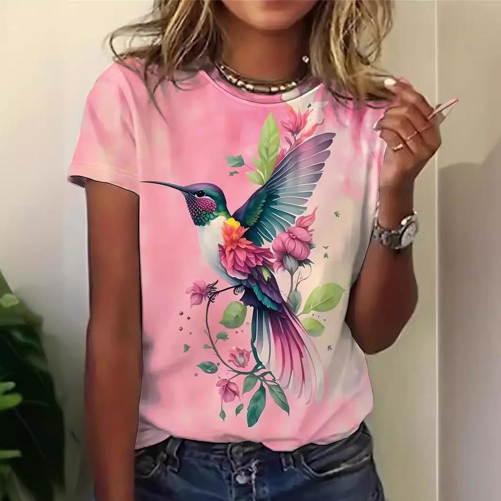 Summer Round Neck 3D Bird Peacock Print Top Fashionable Casual Short Sleeved Women's T-shirts