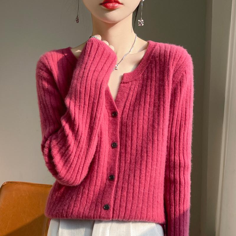 Autumn and Winter Women's Knitwear Fashion Casual Solid Color Print Long Sleeves V-Neck Sweater