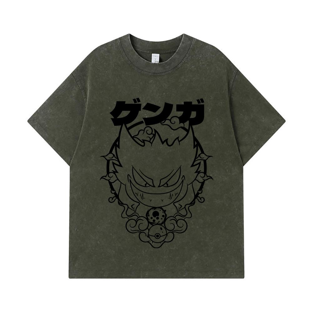275 GSM Washed T-shirts 100% Cotton Pokemon V10 Gengar Print Unisex Heavy Cotton T Shirt
