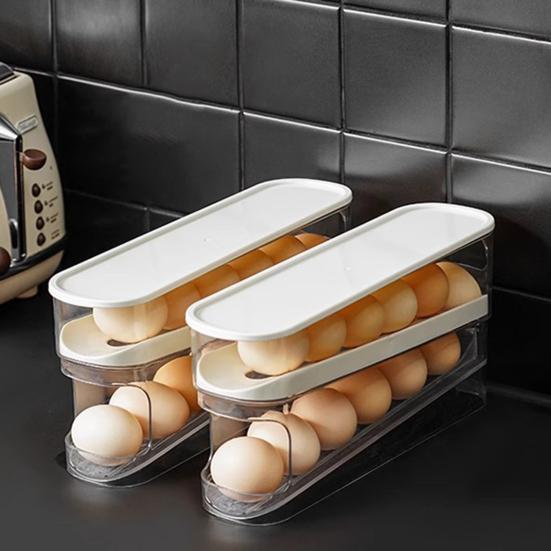 2-stufiger Eierhalter für rollende Eier Aufbewahrungsbox Platzspender Klarer Kühlschrank Automatischer Spar-Eierorganisator