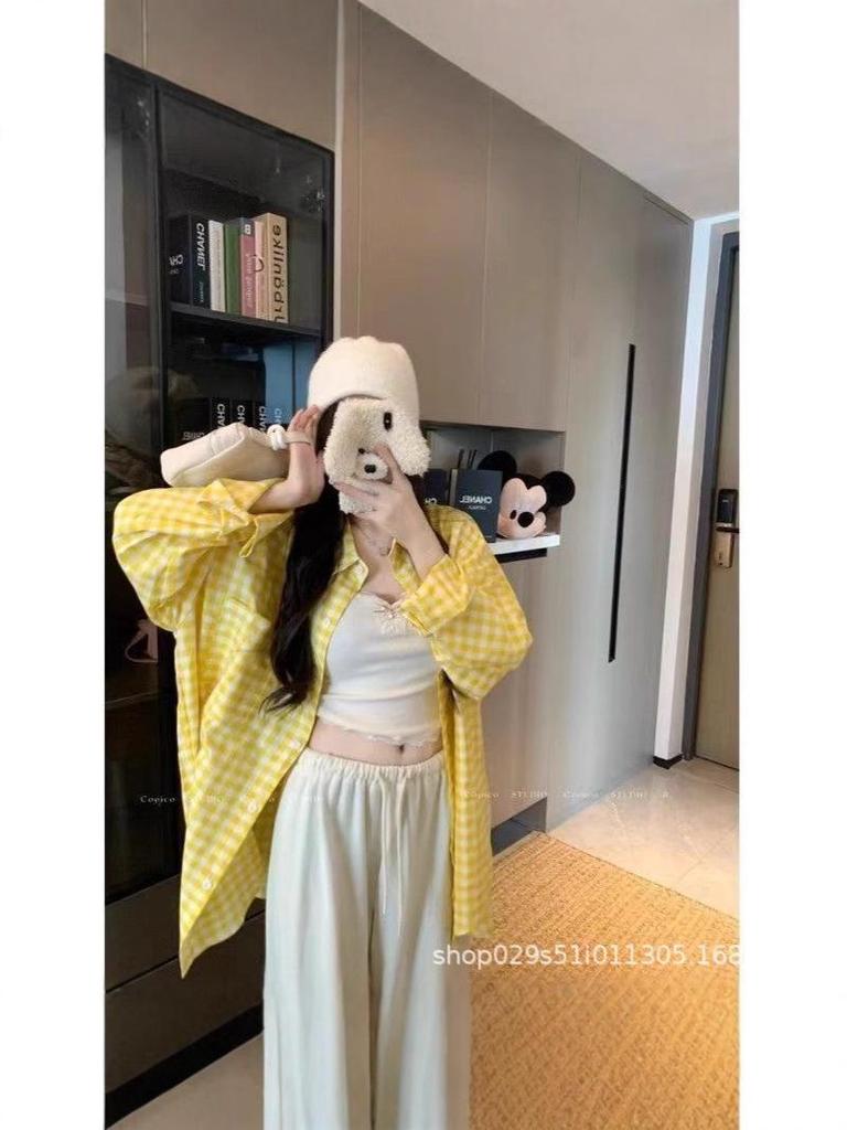 Korean Chic Yellow Plaid Sun Protection Loose Casual Shirt for Women