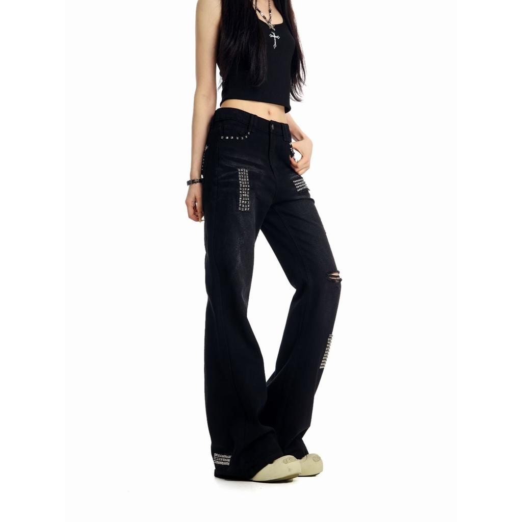 Low waist black slim fit straight rivet jeans American retro autumn pants micro-flared trousers mopping pants cotton