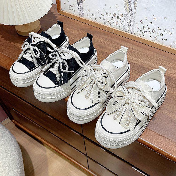 ins student versatile comfortable round head board shoes bow beaded platform canvas shoes white shoes 2025 new