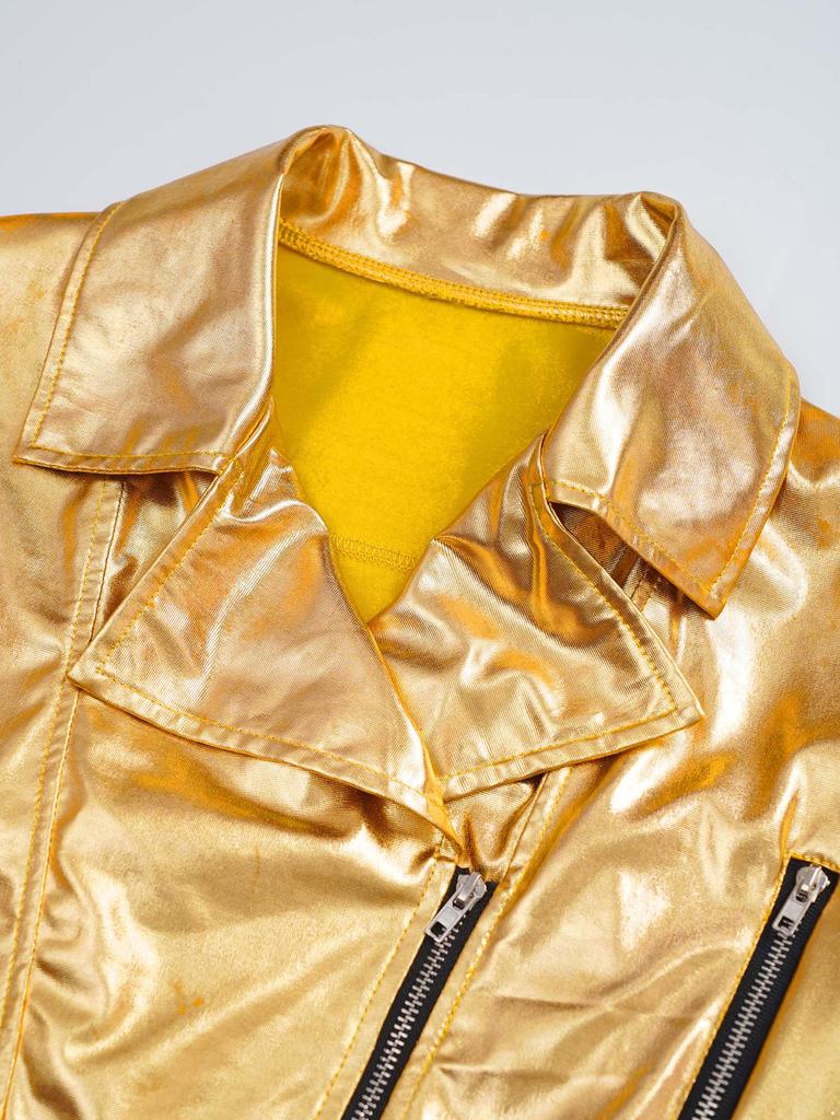 Unisex Dziecięca Metaliczna Kurtka na Zamek Kołnierz Klapowy Długi Rękaw Okrycie Wierzchnie Kurtka do Jazdy na Motocyklu Hip Hopu Jazzu Tańca