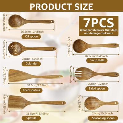 Ensemble d'ustensiles de cuisine en bois 7 pièces Ustensiles de cuisine antiadhésifs Spatule Pelle Fouet à œufs Manche en bois Outil de cuisine Résistant à la chaleur