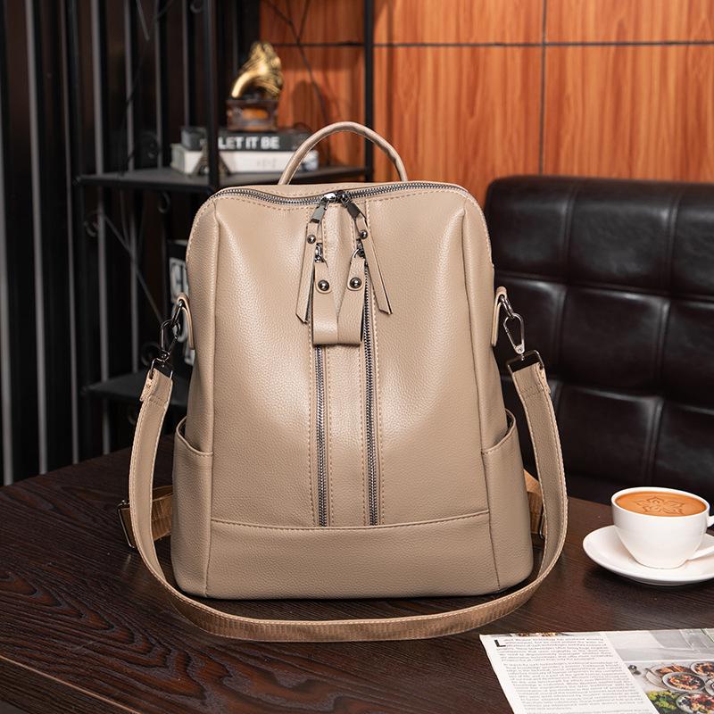 Women's PU Backpack Double Zipper Solid Color Retro Large Capacity School Bag Multifunctional Shoulder Bag