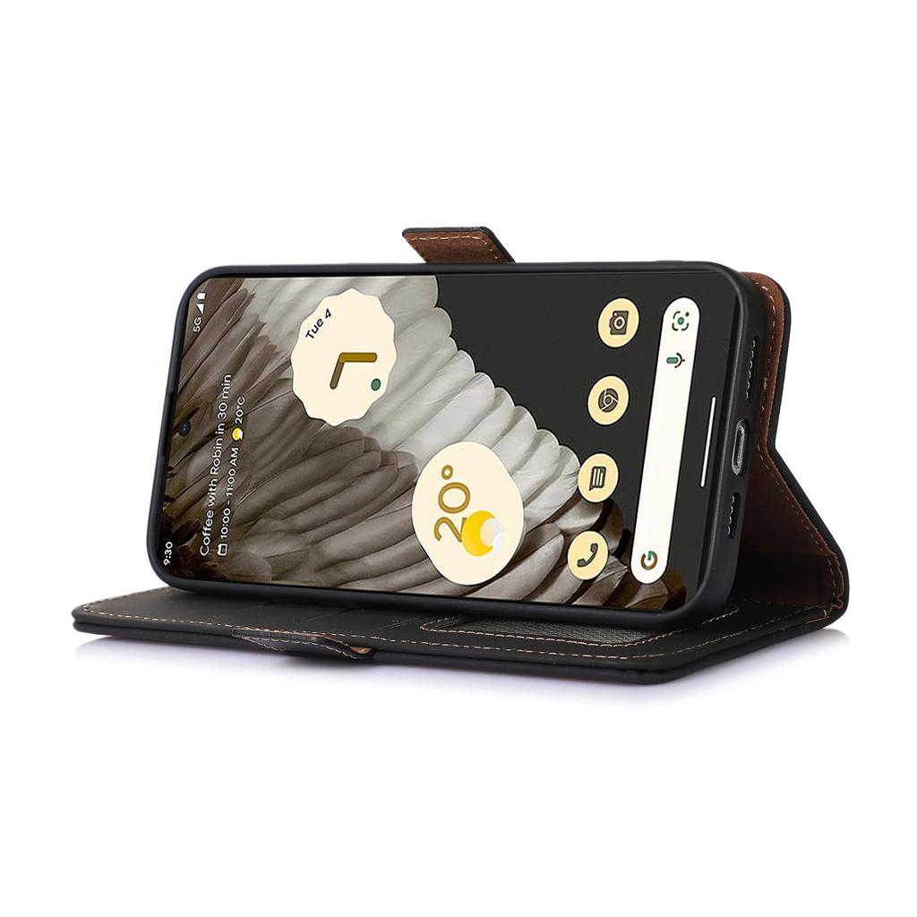 For Google Pixel 7a RFID Blocking Phone Cover Genuine Cow Leather Case with Stand Wallet