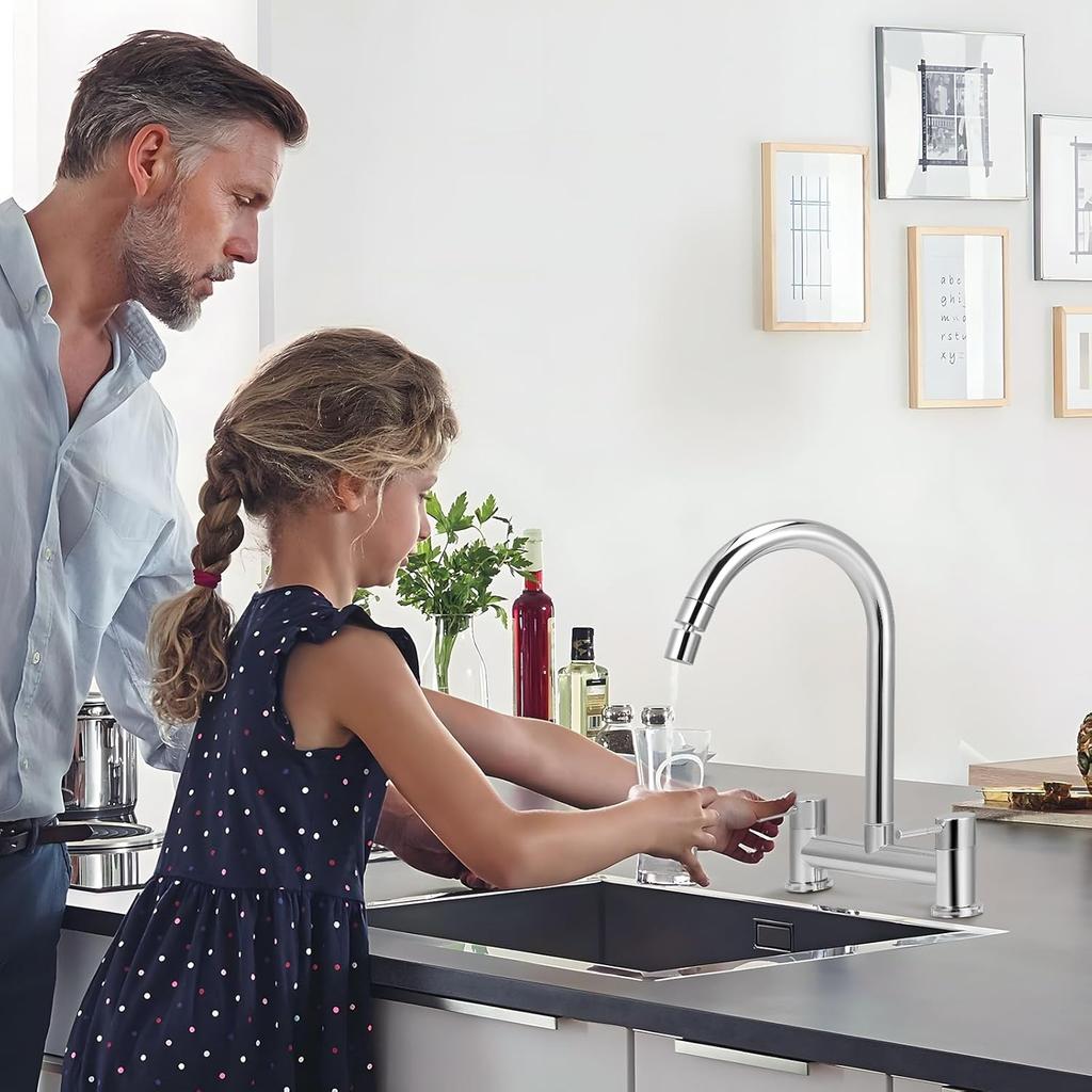 Kitchen Bridge Mixer Taps with 360° Swivel Spout, 2 Hole Sink Mixer Taps Dual Levers Faucet, 180 Mm Centers Deck Mounted Chrome Sink Tap 2 Function