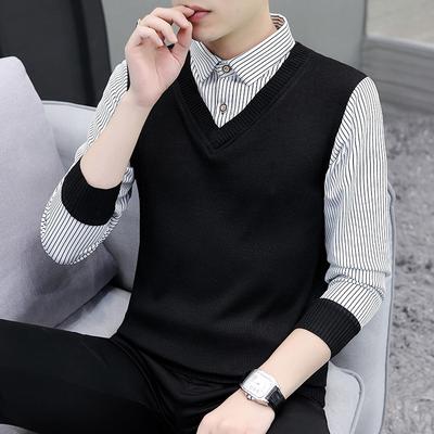 Fake Two-piece Sweater Men's Black Spring Autumn Season New Casual Fashion Shirt Collar Striped Plaid Bottoming Shirt Top