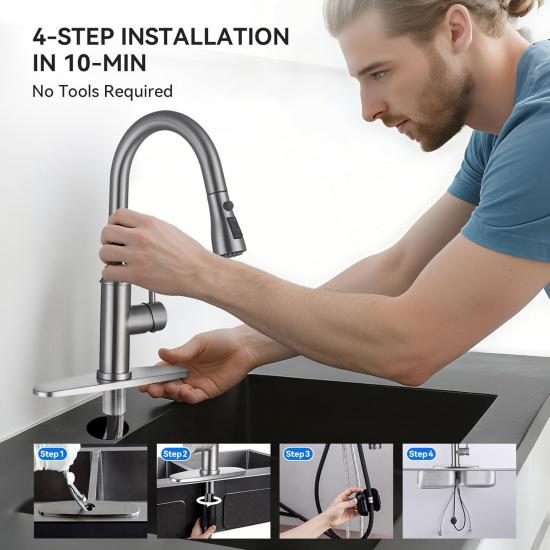 Arofa Kitchen Faucet with Pull Down Sprayer, Brushed Nickel Kitchen Sink Faucet 1-3 Hole Single Handle High Arc Stainless Steel Commercial Modern