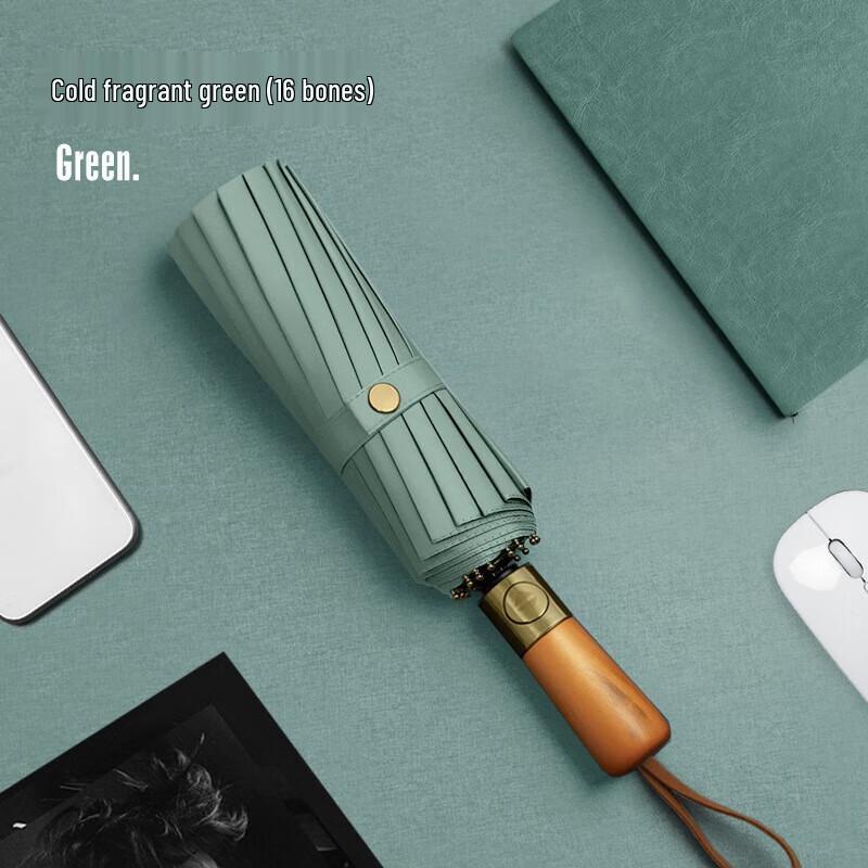 YIXI 16-Rib Automatic Folding Umbrella with Solid Wood Handle