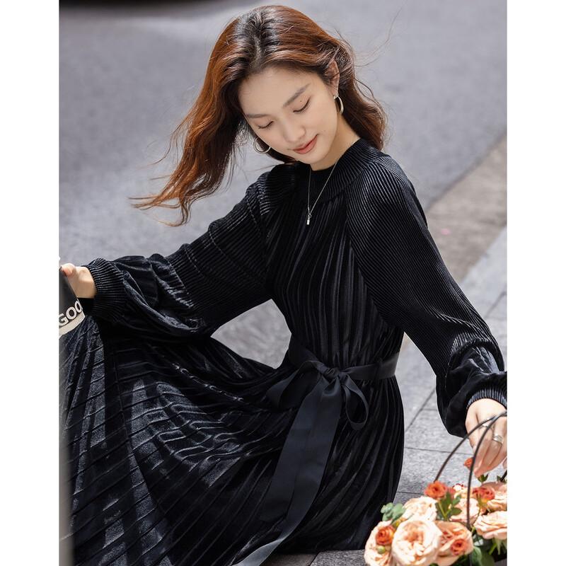 Demana Women's Winter Velvet Pleated A-Line Dress